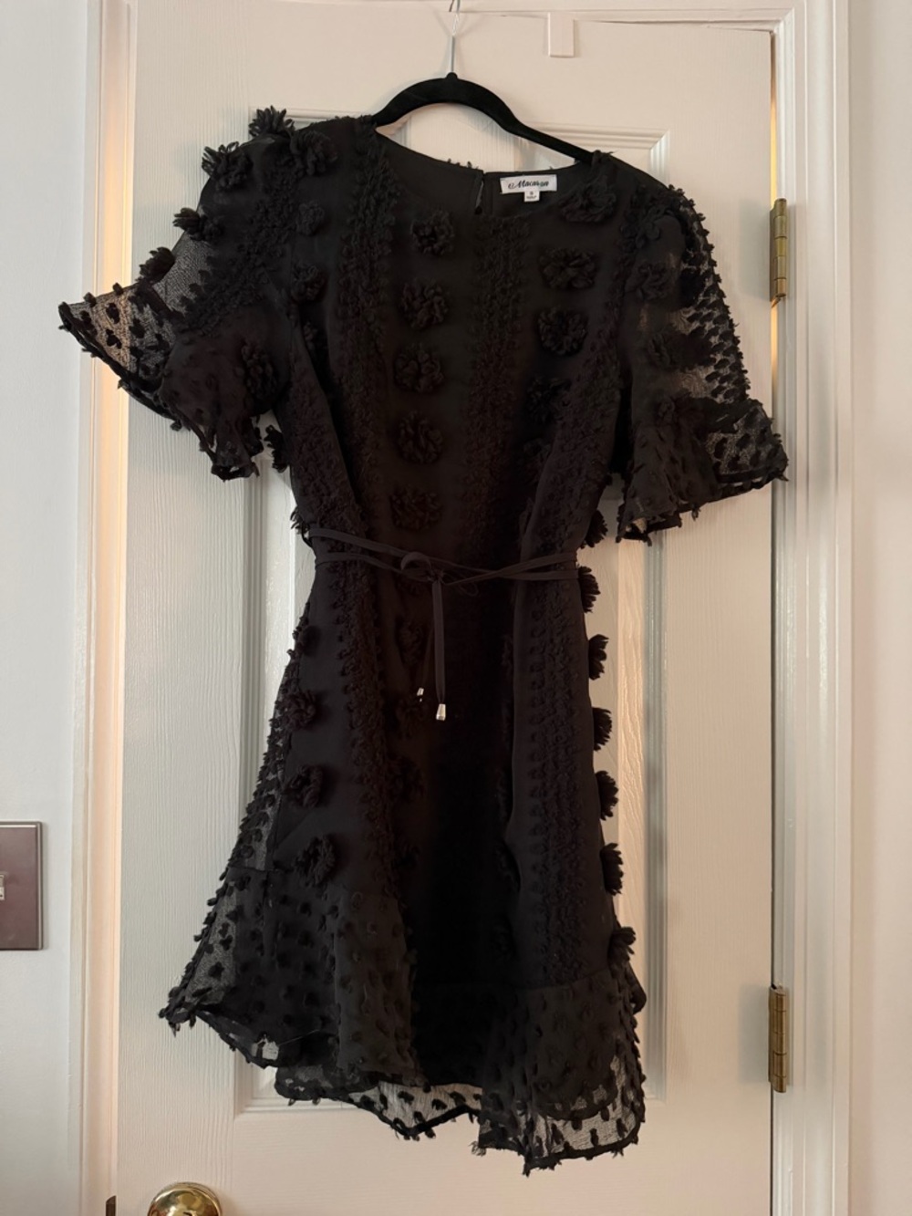 MACARON Black Mini Dress with Textured Pom Detail